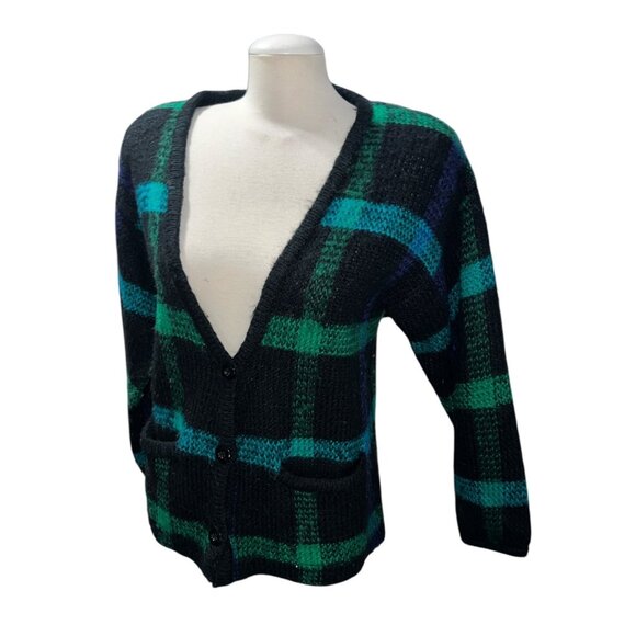 Vintage TJW By Mervyns Black & Green Plaid Knit Cardigan Sweater Size Large Pock - Picture 4 of 16